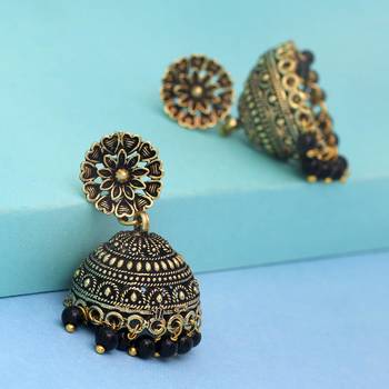 Floral Design Gold Oxidised Black Color Beaded Jhumki Earrings For Girls/Women 3