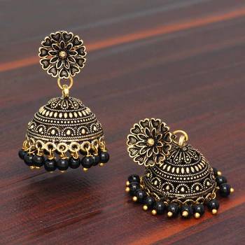 Floral Design Gold Oxidised Black Color Beaded Jhumki Earrings For Girls/Women 4