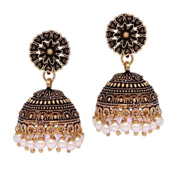 Floral Design Gold Oxidised White Color Beaded Jhumki Earrings For Girls/Women 1