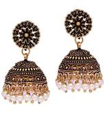 Floral Design Gold Oxidised White Color Beaded Jhumki Earrings For Girls/Women