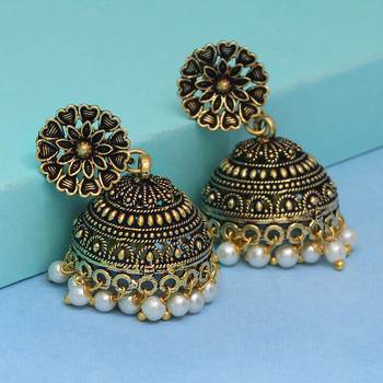 Floral Design Gold Oxidised White Color Beaded Jhumki Earrings For Girls/Women 2