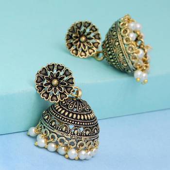 Floral Design Gold Oxidised White Color Beaded Jhumki Earrings For Girls/Women 3