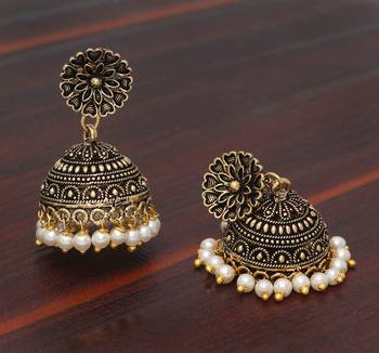 Floral Design Gold Oxidised White Color Beaded Jhumki Earrings For Girls/Women 4