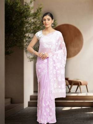 Ada Hand Crafted Mauve Faux Georgette Lucknowi Chikankari Women Indian Saree With Blouse - A129590 1