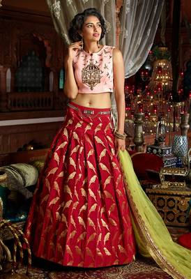 Maroon Handwork Art Silk Unstitched Lehenga 1