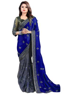 IndianEFashion Navy Blue ChiffonEmbroidery  Designer Saree 1