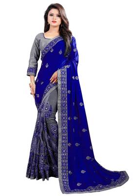 IndianEFashion Navy Blue ChiffonEmbroidery  Designer Saree 2