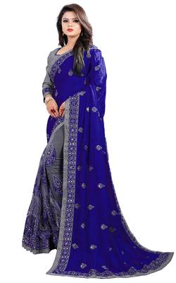 IndianEFashion Navy Blue ChiffonEmbroidery  Designer Saree 3