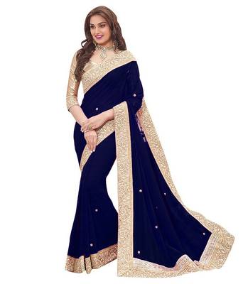 Navy blue plain georgette saree with blouse 1