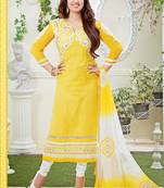 Yellow embroidered cotton unstitched salwar with dupatta