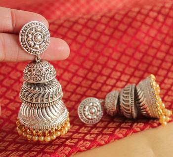 Lovely Oxidized Silver Long Party Wear Earrings Dj04074 1