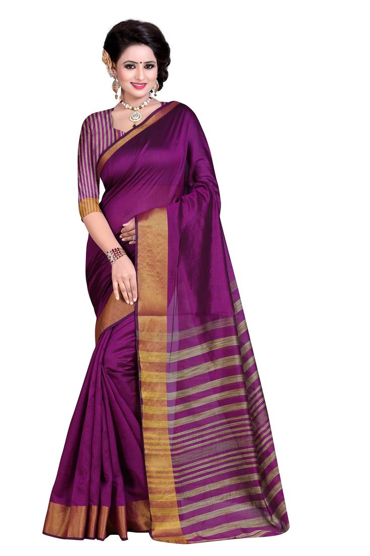 Purple plain polycotton saree with blouse
