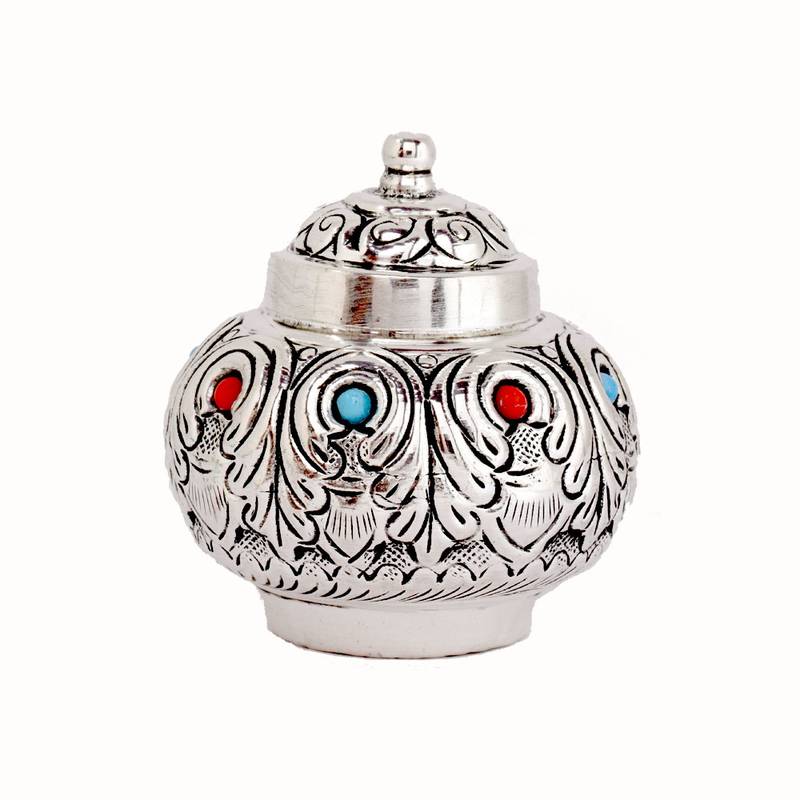 Kalash Theme Handmade Stone Work Silver Plated Kumkum Sindoor Box