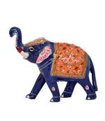 White Metal Blue  Color Handmade Meenakri Work Elephant Statue Sculpture Idol For Home Decor