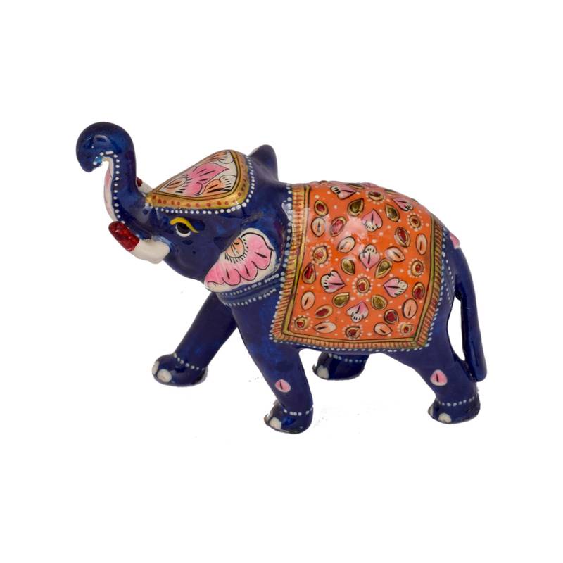 White Metal Blue  Color Handmade Meenakri Work Elephant Statue Sculpture Idol For Home Decor