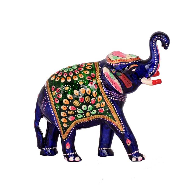 Indian Art Work Blue Color Multi Meenakari Decorative Elephant Statue Idol Sculpture