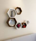 Wall Shelf Rack Set Of 6 Hexagon Shape Storage Wall Shelves For Home - White & Brown