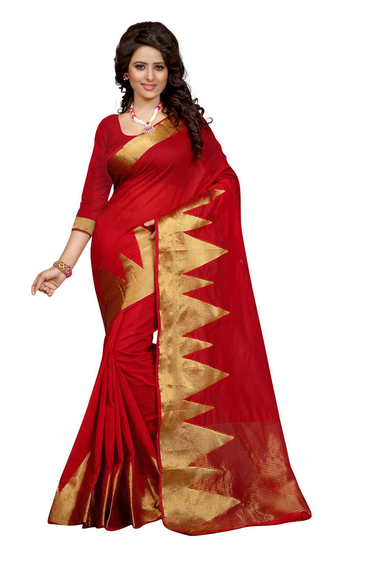Red jacquard cotton silk saree with blouse