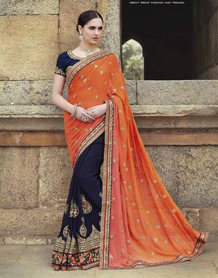 Dark-blue with orange   embroidered georgette saree with blouse 1