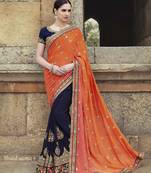 Dark-blue with orange   embroidered georgette saree with blouse