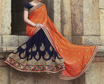 Dark-blue with orange   embroidered georgette saree with blouse 2