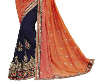 Dark-blue with orange   embroidered georgette saree with blouse 3