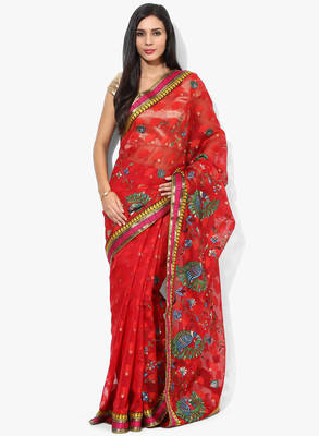 Red woven super net saree with blouse 1