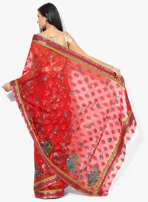 Red woven super net saree with blouse 2