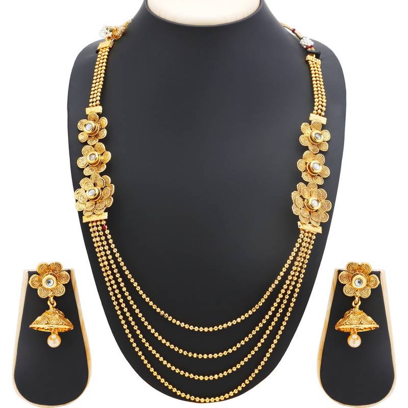 Pleasing four string jalebi gold plated alloy long haram necklace set for women
