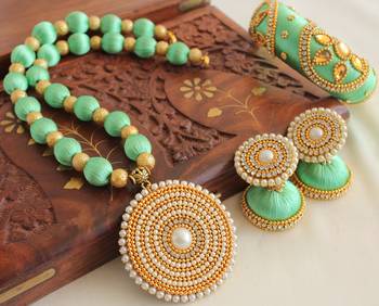 Unique designer handmade green silk thread jewell set - DJ-07991 1