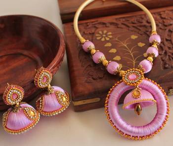 Unique Designer Handmade Pink Silk Thread Jewell Set 1