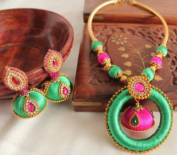 Unique Designer Handmade Pink Green Silk Thread Jewell Set 1