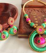 Unique Designer Handmade Pink Green Silk Thread Jewell Set
