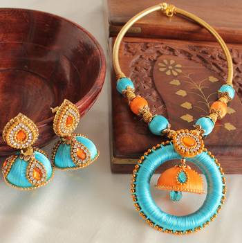 Unique Designer Handmade Blue Orange Silk Thread Jewell Set 1