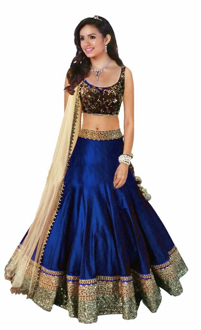 Blue embroidered art silk unstitched lehenga