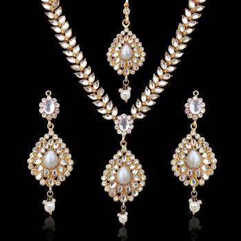 Sparkling Tear Drop with Kundan Leaves Pearl Indian Ethnic Necklace Set d7w 1