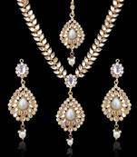 Sparkling Tear Drop with Kundan Leaves Pearl Indian Ethnic Necklace Set d7w