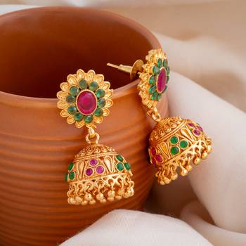 Golden jhumkas with ruby emerald stones one gram gold 1