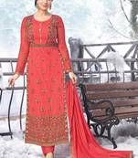 Red Embroidered Georgette Semi Stitched Salwar With Dupatta