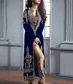 Royal blue embroidered velvet semi stitched salwar with dupatta
