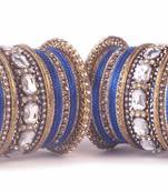 Beautiful Blue Bangle Set For Two Hands With Big Kundan Stones