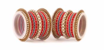 Traditional Red Blue Pearl Chakri Bangle Set 1