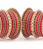 Traditional Red Blue Pearl Chakri Bangle Set