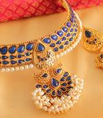 Royal antique blue designer choker necklace set - DJ07520