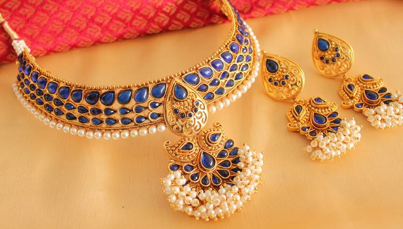 Royal antique blue designer choker necklace set - DJ07520