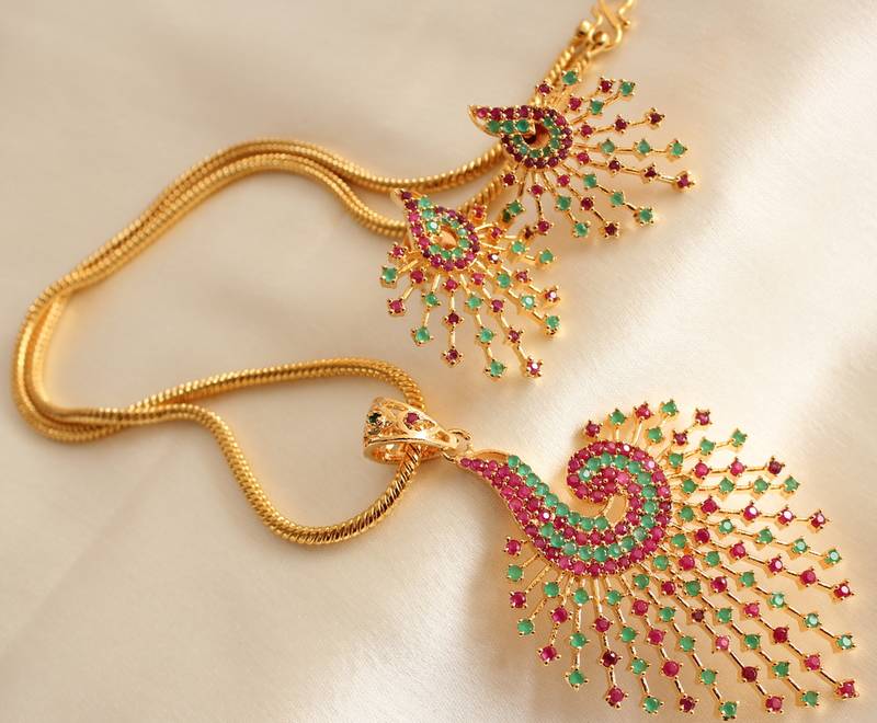 Awesome Ruby Emerald Peacock Necklace Set Dj07572