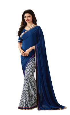 Blue printed georgette saree with blouse 2