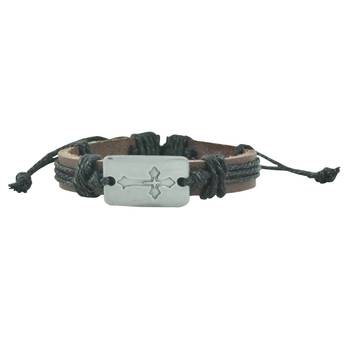 The Power Of Crossblack Thread-Woven On Brown Strap Faux Leather Bracelet 1