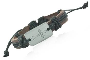 The Power Of Crossblack Thread-Woven On Brown Strap Faux Leather Bracelet 2