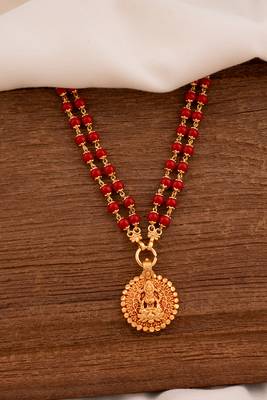 Red beads two strand necklace with Big Laxmi coin pendant one gram gold 1